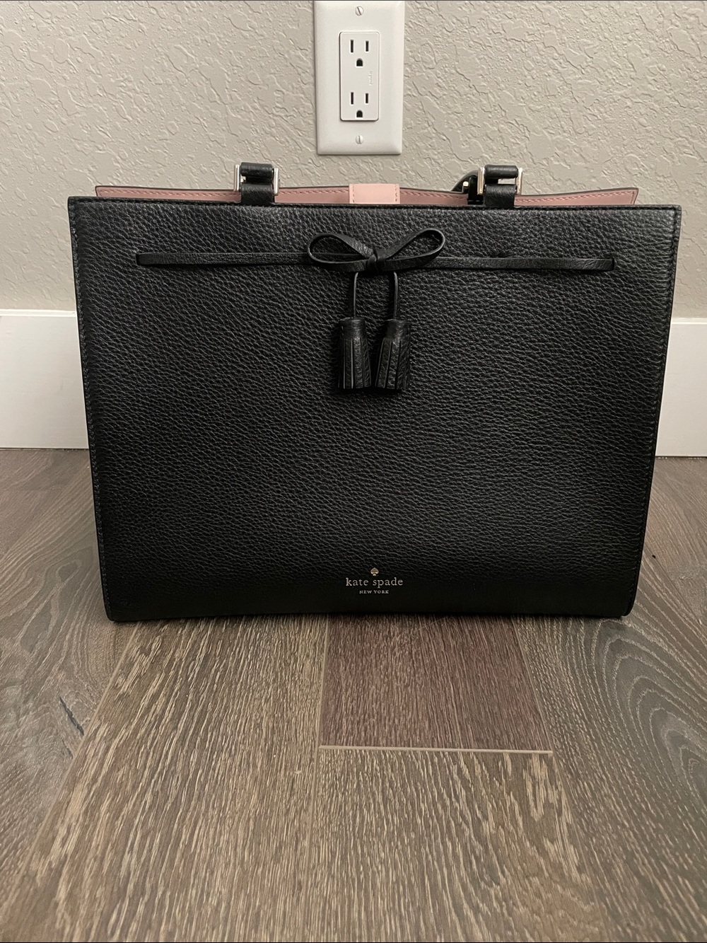 kate spade Black Pebbled Leather Tote with Pink Interior Trim